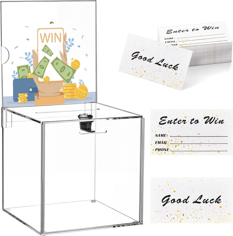 Teling صندوق تبرعات أكريليك طويل مع قفل ولوحة علامة صندوق اقتراحات آمن مع 100 بطاقة تذاكر سحب للتذاكر، المال، التصويت، الأعمال الخيرية، الاقتراحات (6 × 6 × 6 بوصة، شفاف) - Image 1